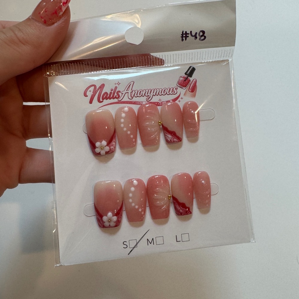 Nails Anonymous Press On Nails Pink Red Floral Marble Design Size Small #48